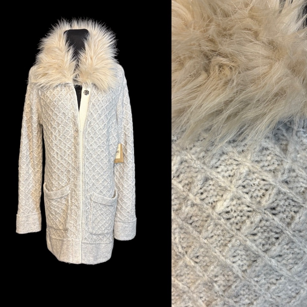 NWT Coldwater Creek S Light Gray Winter Romance Duster Cardigan Sweater Faux Fur